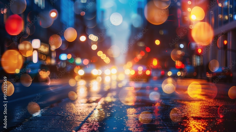 Poster a low angle view of a city street at night, showing the reflections of bright street lights in the w