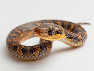 Fototapeta premium Colorful snake resting on a light surface, showcasing intricate patterns and textures