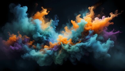 an abstract digital artwork that illustrates the enchanting fusion of ethereal mist with a vibrant explosion of colorful particles