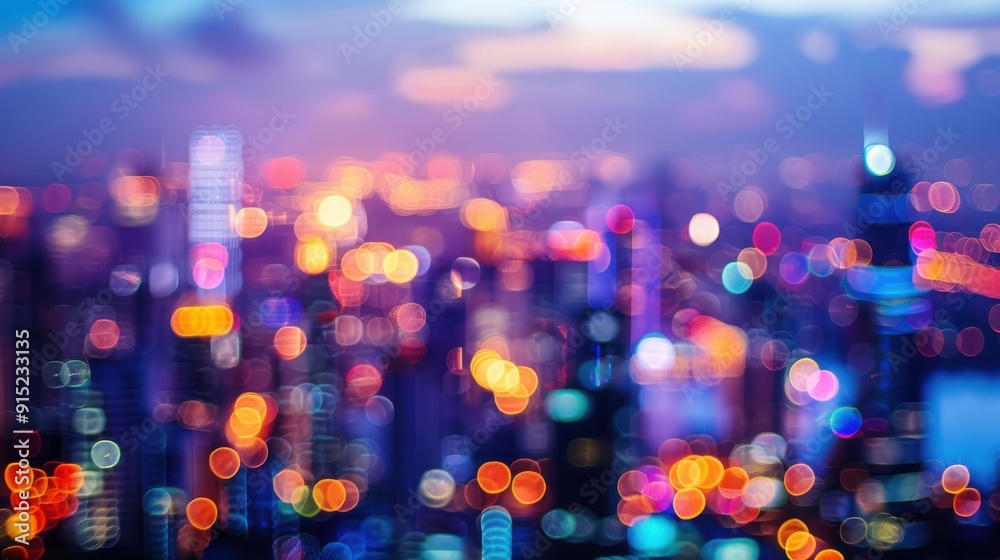 Poster a view of a city at dusk, with the lights blurred and out of focus, creating a colorful and abstract