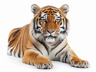 Fototapeta premium A majestic tiger lying gracefully on a white backdrop, showcasing its striking coloring and intense gaze