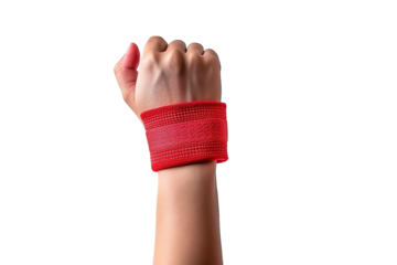 A Strong Hand Clenching Fist in Determination With Vibrant Red Wristband Against Simple White Background on Transparent PNG Background.