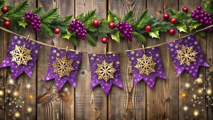 Fototapeta premium A vibrant purple Christmas banner with golden accents, decorated with snowflakes and holly, hanging from a rustic wooden background, evoking festive holiday cheer.