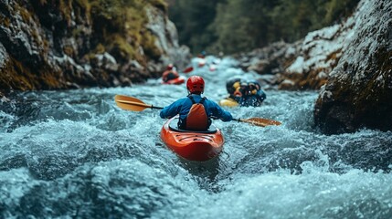 Adventurous kayakers navigating challenging whitewater rapids, the rushing water and rocky terrain highlighting the thrill and excitement of the sport