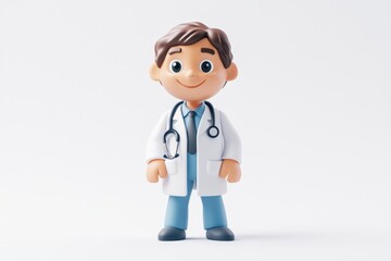 Fototapeta premium Smiling Cartoon Doctor Character in White Coat with Stethoscope on White Background