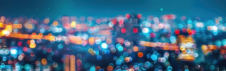 A colorful, out-of-focus image of a cityscape at night. The photo is taken from a high vantage point, looking down at the city lights, which are blurred into a kaleidoscope of colors. The lights creat