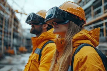 Construction workers using augmented reality glasses, futuristic building planning, smart technology. Generative AI