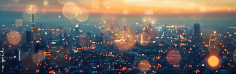 Poster An out-of-focus image of a cityscape at dusk, showing the silhouettes of buildings with twinkling lights, and the bokeh effect of the setting sun.