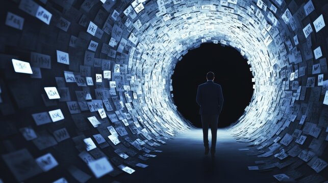 Man Walking Through Negative Comments Tunnel Surrounded by Illuminated Screens, Representing Cyberbully