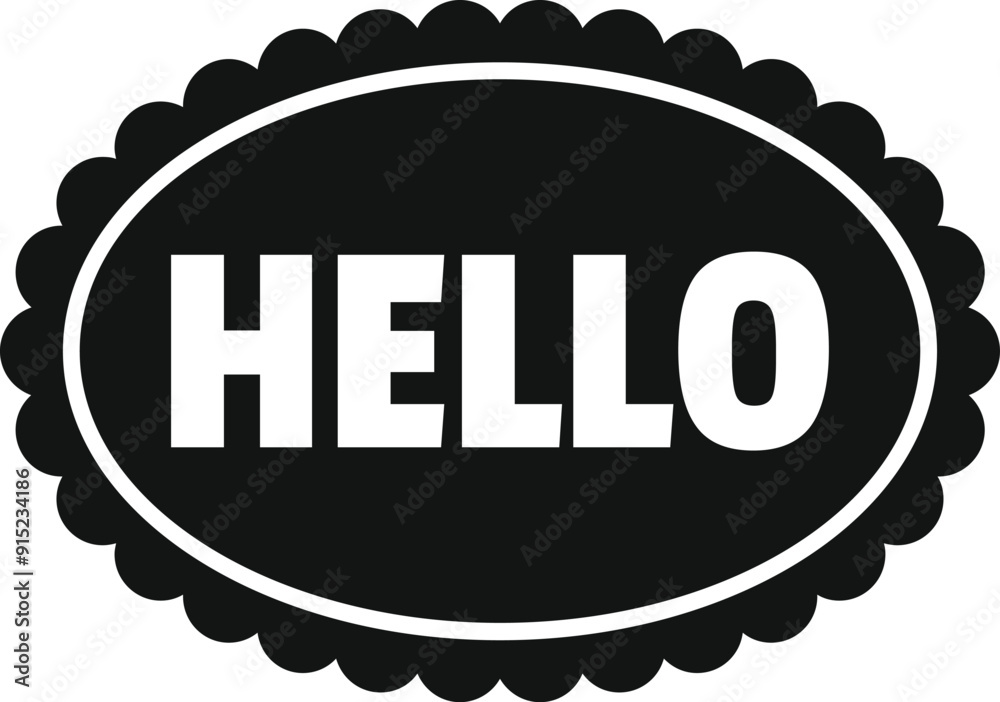 Poster black oval tag with scalloped border framing the word hello in a simple font