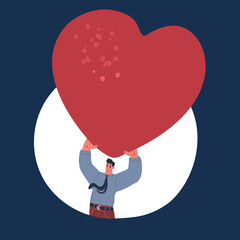 Cartoon vector illustration of Man holds a heart in his hands over dark background