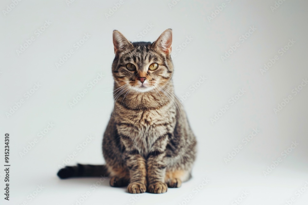 Poster a close-up shot of a curious cat sitting on a white surface, looking directly at the camera