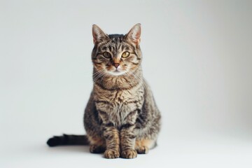 Obraz premium A close-up shot of a curious cat sitting on a white surface, looking directly at the camera