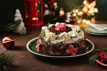 Classic Black Forest cake in Christmas decoration on green plate on dark wooden background. Merry Christmas.