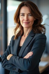 Fototapeta premium A professional woman standing confidently with her arms crossed, suitable for corporate or office settings