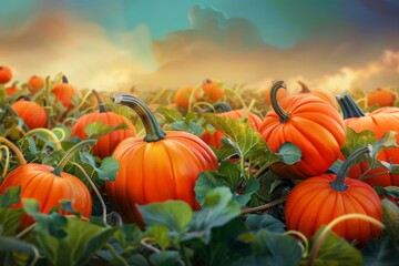 Obraz premium A vibrant pumpkin field at sunset, showcasing ripe pumpkins surrounded by green leaves under a dramatic sky.