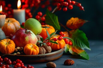A vibrant autumn harvest display featuring pumpkins, apples, nuts, and candles, symbolizing the bounty of the fall season.