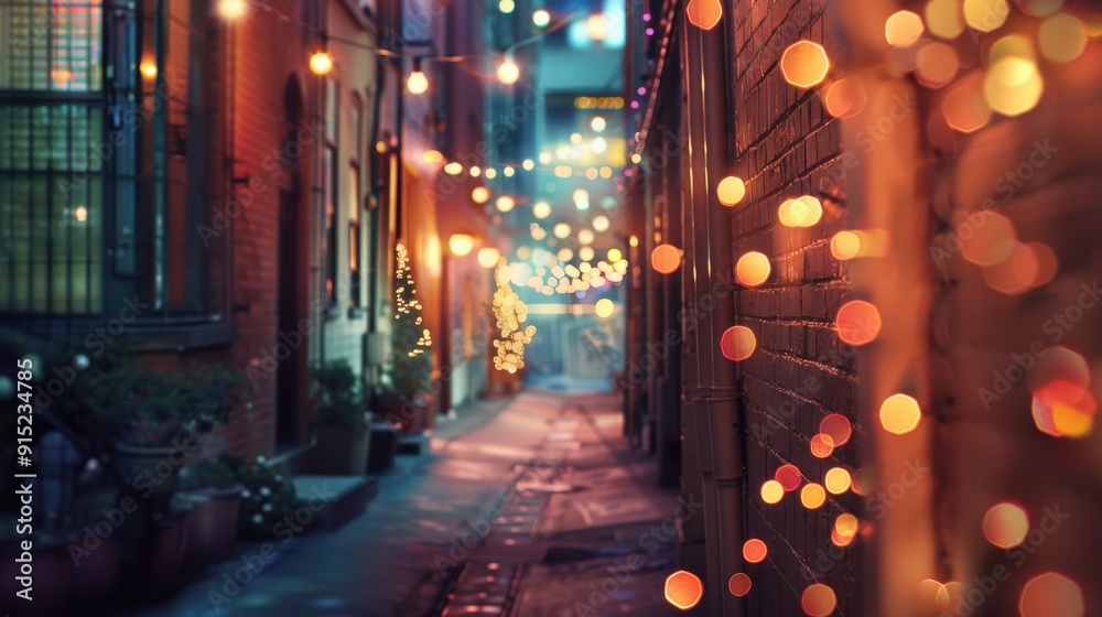 Poster A brick wall with string lights hangs down from the top in an alleyway. The lights are blurred and out of focus, creating a warm and inviting atmosphere.