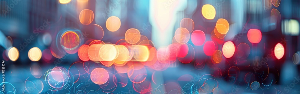 Poster a blurred image of colorful street lights at night. the lights are out of focus and create a sense o