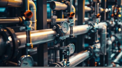 Industrial pipes and gauges form an intricate network, presenting a technical and mechanical aesthetic with metallic and utilitarian charm.