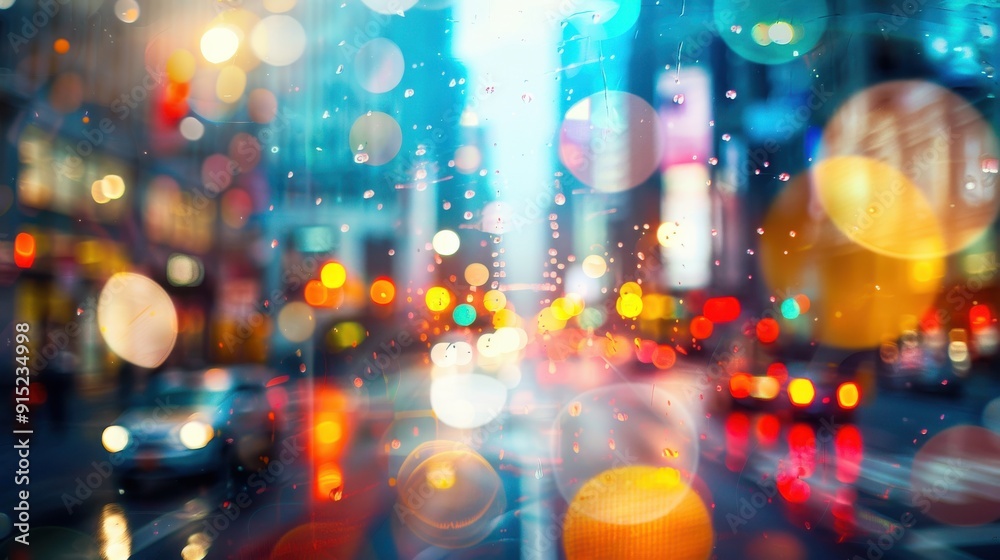 Poster a view of a city at night, seen through a window with rain streaking down the glass. the cityscape i
