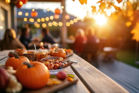 Family having a meal outdoors, table setting with pumpkins and autumn decoration	