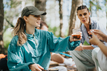 Group of friends having drinks outdoors, enjoying a moment in nature. Smiling and socializing in a relaxed forest setting.