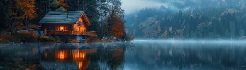 Fototapeta premium Cozy Wooden Cabin by a Tranquil Lake in a Misty Forest During Autumn with Warm Lights Reflecting on Water