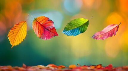 Fototapeta premium Vibrant autumn leaves floating in mid-air against a colorful blurred background, representing the changing seasons and natural beauty.