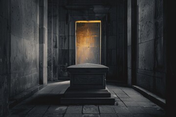 Artistic architecture shot of a sarcophagus in a dark greyscale room, with a warm yellow light, symmetrical. 