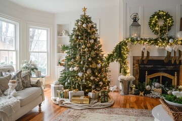 Luxurious Christmas Tree in an Elegant Room - Grand Holiday Decorations and Festive Opulence