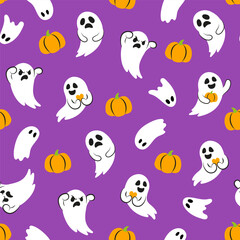 Halloween seamless pattern with cute little ghosts and pumpkins. White ghosts on purple background. Pattern for fabric, paper, textile, card design