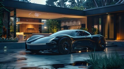 Sleek Modern Electric Sports Car Parked in Front of a Contemporary Luxury House at Dusk