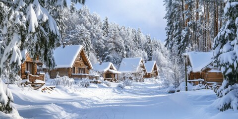 Idyllic Snow-Covered Village with Cozy Homes and Snow-Laden Trees, Creating a Tranquil and Wintery Scenery