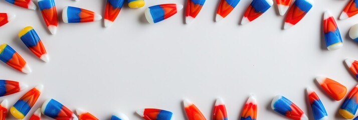 Obraz premium Red white and blue candy corn border on white background with empty space for text