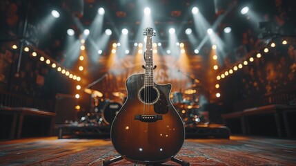 Acoustic guitar on a stand on empty stage