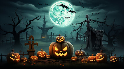 Fototapeta premium Spooky Halloween Night With Pumpkins And Moonlit Graveyard Full Of Glowing Jack-O'-Lanterns Under A Bright Full Moon