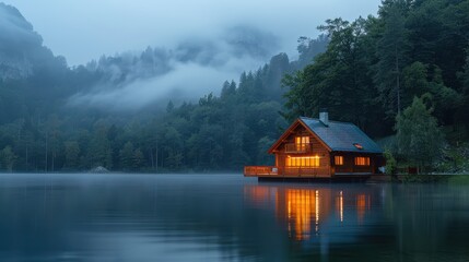 Fototapeta premium Cozy Wooden Cabin by a Misty Lake in a Serene Forest at Dusk with Warm Lights Reflecting on Water
