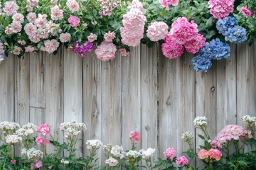 Fototapeta premium Beautiful flowers on a wooden fence for background