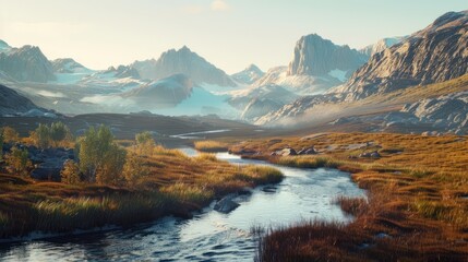 Serene mountain river landscape wallpaper