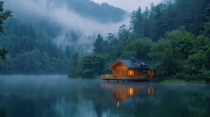 Fototapeta premium Cozy Wooden Cabin by a Misty Lake in a Serene Forest with Soft Evening Light