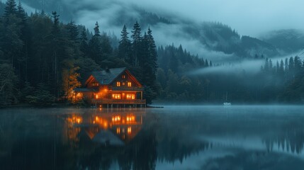 Obraz premium Cozy Cabin by Misty Lake with Warm Lights and Forest Reflections in Tranquil Evening