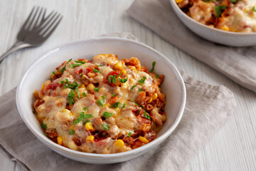Homemade One-Pot Cheesy Taco Pasta in a Bowl, side view.