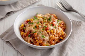 Homemade One-Pot Cheesy Taco Pasta in a Bowl, side view.