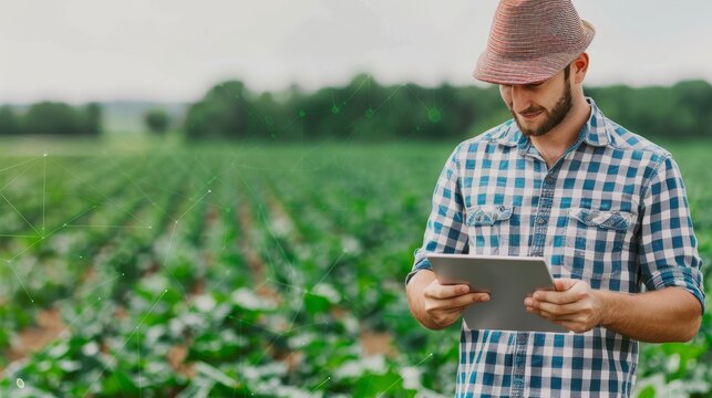 young farmer using digital tablet in field, agricultural technology, modern farming practices, sustainable agriculture, digital farming, farmer checking crops, smart agriculture, agricultural innovati