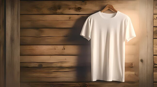 plain white t-shirt mockup template front view, hanging with wooden pattern background, 4k video, generated ai