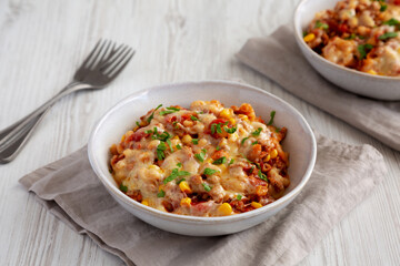 Homemade One-Pot Cheesy Taco Pasta in a Bowl, side view.