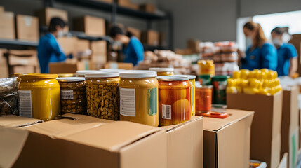 volunteer hands holding food in donation boxes, and grocery products, at a charitable foundation. I was working at food banks, helping poor families, migrants, and refugees concept.