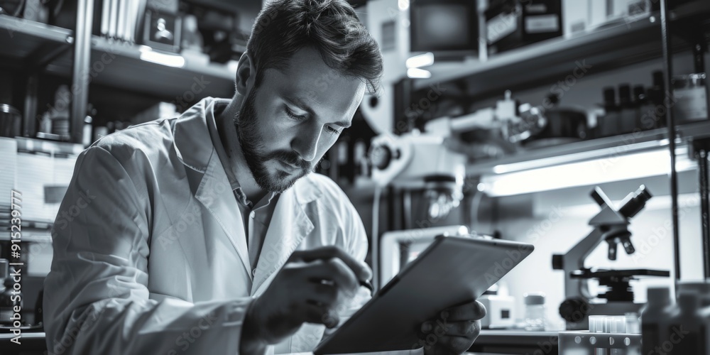 Poster a professional looking at a tablet, possibly reviewing data or taking notes