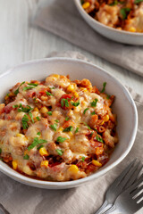 Homemade One-Pot Cheesy Taco Pasta in Bowls, side view.